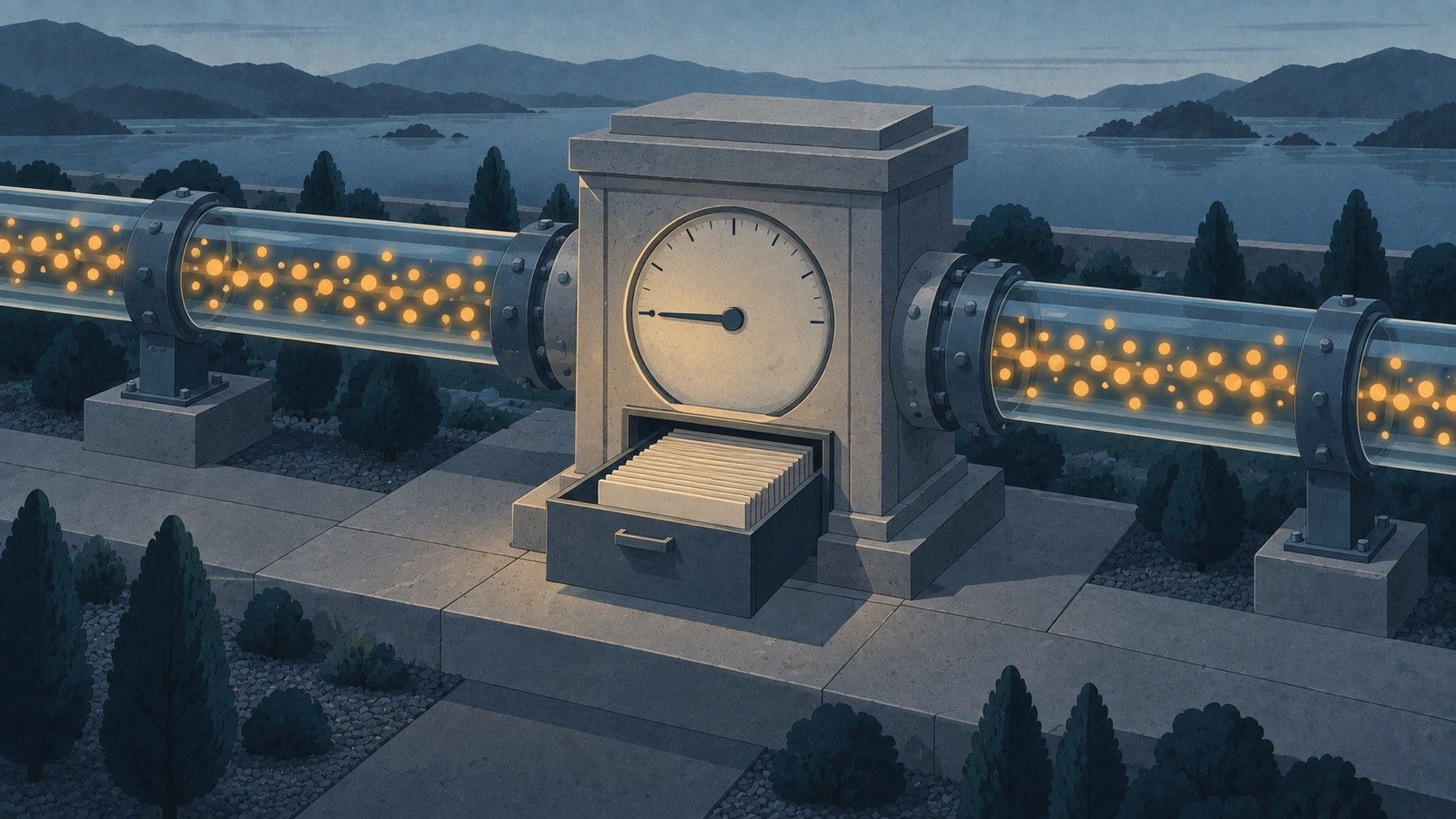 Metering every call: a pipeline full of glowing particles passing a metering station whose gauge reads zero, above a blank ledger drawer
